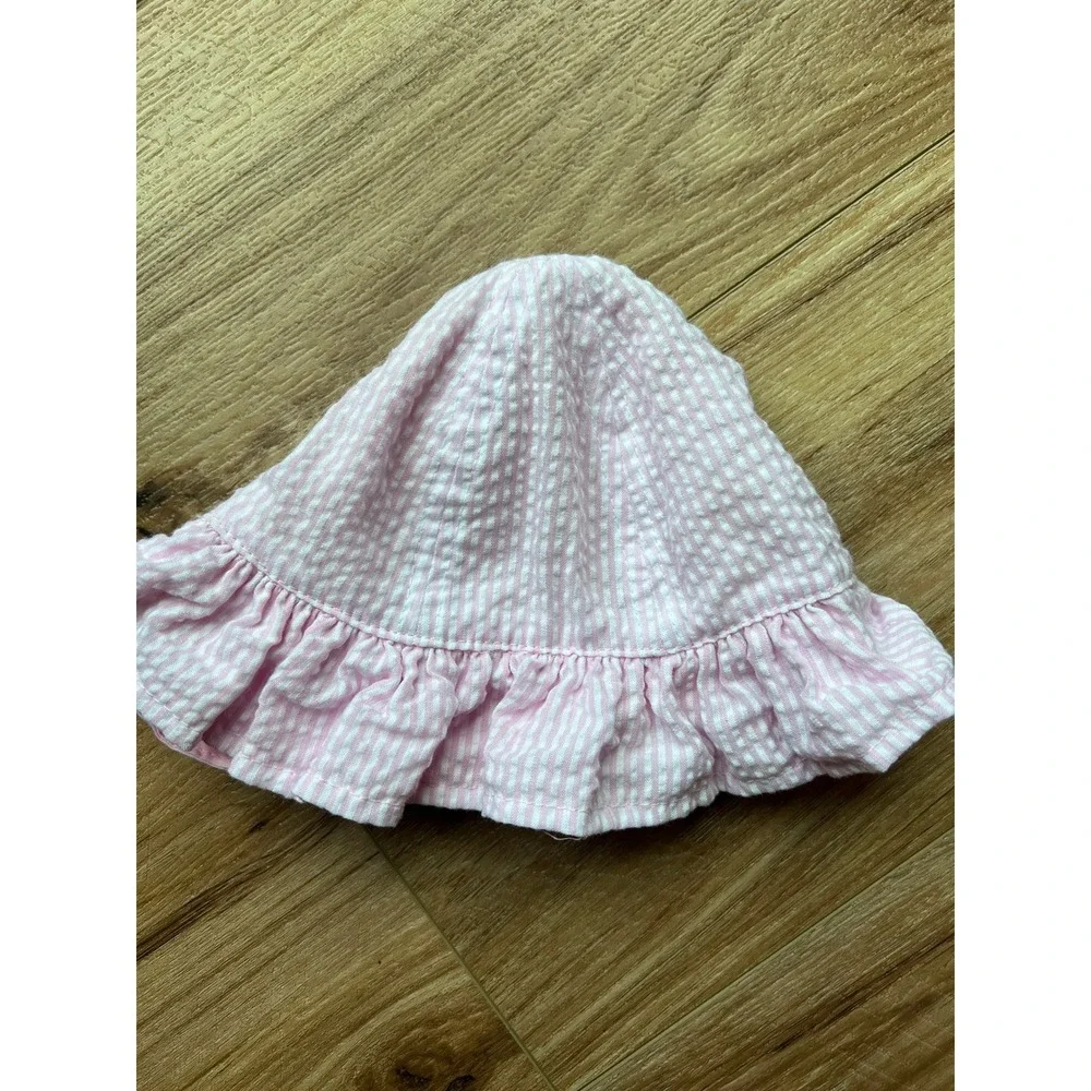 Wee Ones Seersucker Sun Hat Baby Girls Pink Ruffle Brim Chin Strap Summer Cap